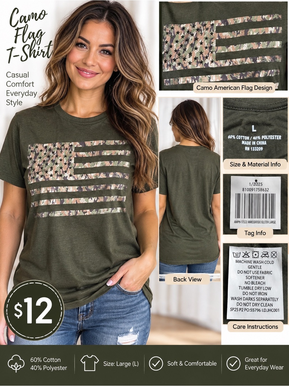 Olive Camo Flag T-Shirt - Women’s Casual Top